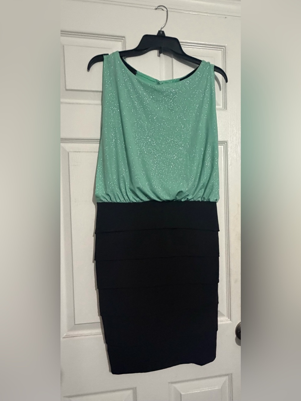 Enfocus Studio Mint Sparkle Blouson with Black Tiered Skirt Dress